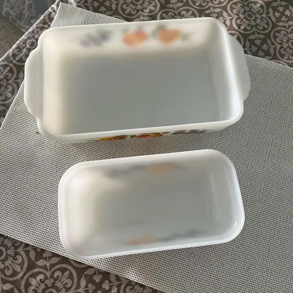 Anchor Hocking FIRE KING 2 pc‎ Loaf Pan & Rectangular Peach Blossom Dish Vintage